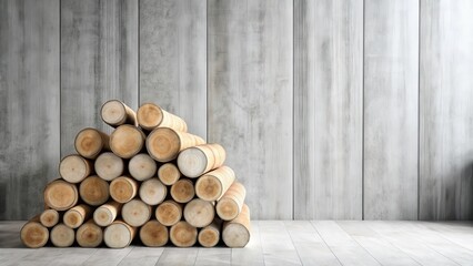 Aufkleber - A neatly stacked pile of circular wooden logs rests against a textured grey wall in a minimalist interior setting