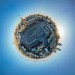 Yekaterinburg City Administration or City Hall. Central square. Evening city in the early spring, Aerial View. Little planet sphere mode.