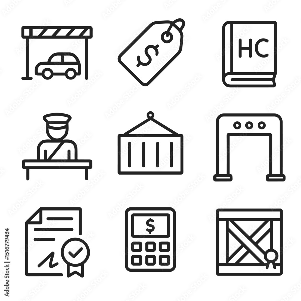 Customs Union Icons. Outline icon set of customs union elements: border ...