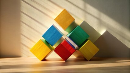 Poster - Vibrant Wooden Cubes Arranged in an Intricate Geometric Pattern Against a Wall, Illuminated by Natural Sunlight Casting Striking Shadows on a Wooden Surface