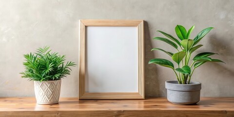 Aufkleber - Blank Frame Mockup with Two Lush Potted Plants on Wooden Tabletop