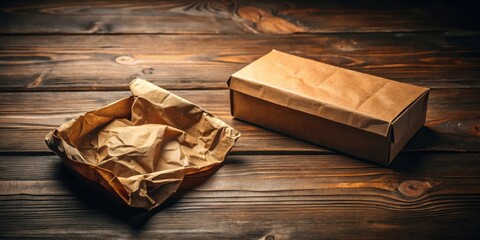 Aufkleber - Rustic Brown Paper Packaging on Wooden Surface A Simple, Elegant Presentation of Unopened Cardboard Box and Crumpled Wrapping Paper