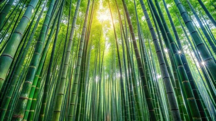 Poster - A Serene Pathway Through a Lush Bamboo Forest Bathed in Sunlight, Creating a Tranquil and Peaceful Atmosphere