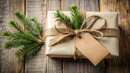 Poster - Rustic Gift Wrapped in Kraft Paper with Burlap Ribbon and Evergreen Bough