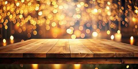 Leinwandbilder - warm wooden tabletop against a background of sparkling golden lights