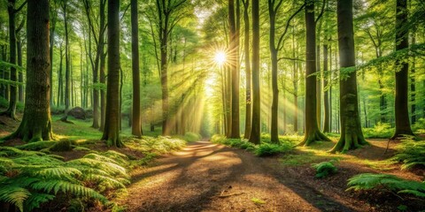 Poster - Sunlit Path Through a Verdant Forest with Rays of Light Illuminating the Canopy and Ground