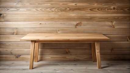 Poster - Rustic Wooden Table Against a Warm, Horizontal Plank Wall Background Perfect for Product Placement and Displaying Items