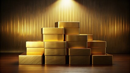 Aufkleber - Illuminated Golden Rectangular Boxes Stacked on Wooden Surface Against a Gold-Colored Background