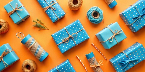 Aufkleber - A vibrant arrangement of festively wrapped gifts, featuring a playful pattern and tied with natural twine, set against a bright orange background, creating a cheerful and celebratory mood.