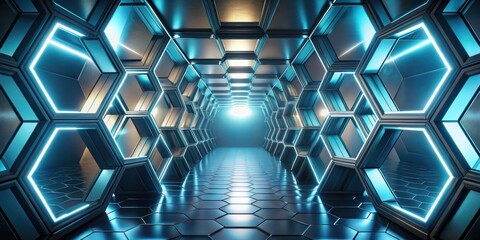 Poster - Futuristic Hexagonal Corridor with Glowing Neon Accents and Reflective Floor