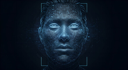 Wall Mural - wireframe human face with glowing eyes on a dark background. ai technology for digital identity and 