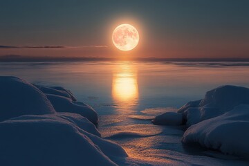 Wall Mural - a large moon is reflected in the water of a lake. the scene is serene and peaceful, with the moon ca