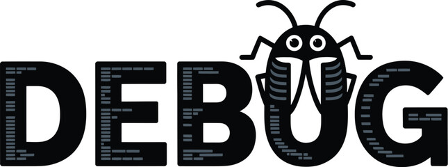 The word debug in black with small lines and a bug icon on a gray background illustration