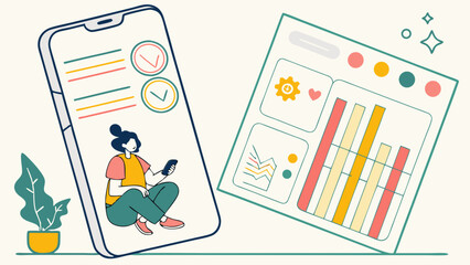 Woman using phone inside a larger phone screen with data charts and a plant on the side illustration
