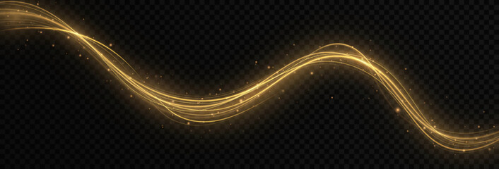 Wall Mural - magical golden light trail with shimmering glitter particles on a dark background. flowing wavy line