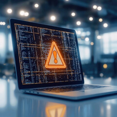 Poster - Laptop warning alert error code orange digital technology security modern workspace. laptop displays large orange warning