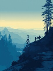 Poster - Sunset Hike in the Mountains With Silhouettes of Hikers on a Winding Path