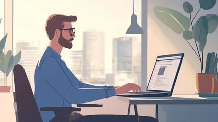 Concentrated professional working on laptop in modern office with cityscape view