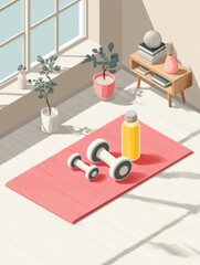 Aufkleber - Home Gym Setup Featuring Mat, Dumbbells, and Water Bottle in a Bright and Minimal Space With Natural Light