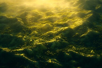 Wall Mural - ancient rolling green mountains carpeted with dense forests, glowing under golden sunset light