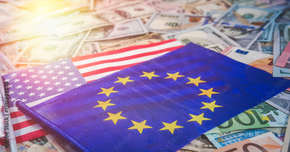 US Dollar and Euro on flags of the United States and European Union ...