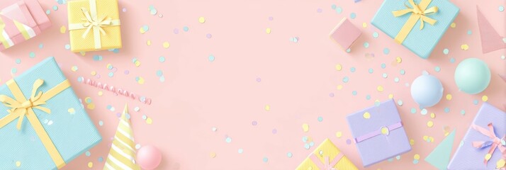 Poster - Colorful Birthday Celebration With Pastel Gifts and Confetti for a Cheerful Event in a Bright Setting
