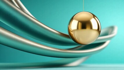 Leinwandbilder - Golden Sphere in Dynamic Motion: A gleaming golden sphere hovers gracefully against a backdrop of fluid, metallic curves, creating a captivating dance of form and light