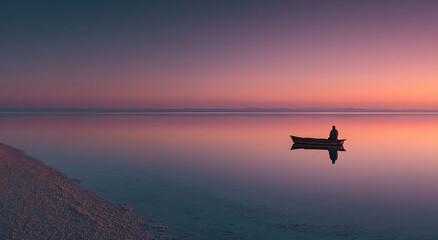 Poster - Silhouette of Person in Boat on Calm Water at Sunset, Evoking Serenity and Spiritual Reflection for Mental Wellness Campaigns