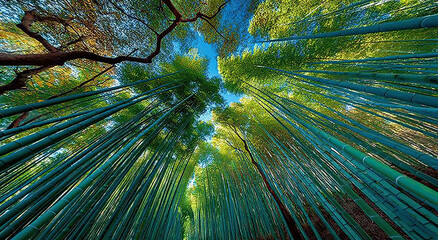 Poster - Looking Up Through Bamboo Forest Canopy With Sunlight, Representing Natural Serenity and Environmental Awareness for Ecotourism Promotion