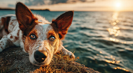 Aufkleber - Close-Up of Red Heeler Dog Resting Near Ocean at Sunset, Evoking Pet Ownership and Animal Companionship, Perfect for Summer Vacation Imagery