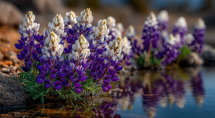 Aufkleber - Lupine Flowers Reflected in Calm Water, Symbolizing Natural Beauty and Environmental Awareness for Eco-Friendly Products and Sustainable Practices