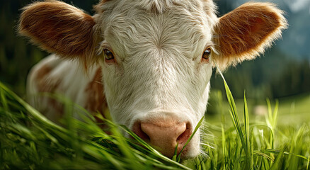 Aufkleber - Close-Up of a Brown and White Cow Grazing in a Lush Green Meadow, Representing Animal Welfare and Sustainable Agriculture