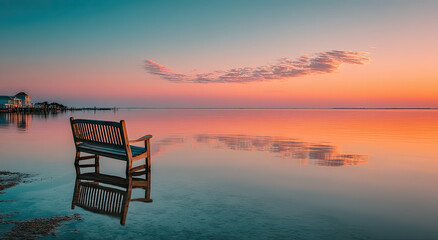 Aufkleber - Bench Sitting in Shallow Water at Sunset, Representing Serenity and Peaceful Retreat, Ideal for Travel and Tourism Marketing
