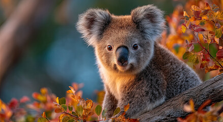 Aufkleber - Cute Koala Sitting on a Branch Surrounded by Autumn Leaves, Symbolizing Australian Wildlife Conservation and Nature's Beauty