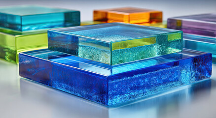 Fototapete - Colorful Glass Blocks Stacked on Surface, Symbolizing Transparency and Building Blocks for Innovation, Progress and Creative Solutions