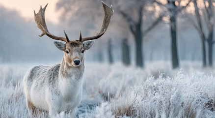 Poster - Majestic Fallow Deer Standing in a Frosty Field at Dawn, Symbolizing Winter Wildlife Conservation and Ecotourism