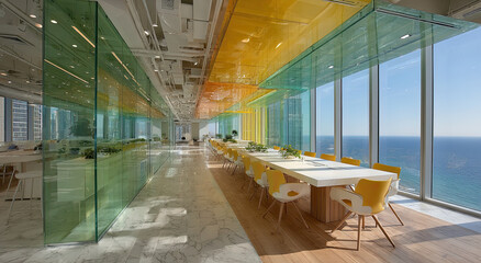 Poster - Modern Conference Room with Ocean View and Colorful Glass Ceiling, Ideal for Corporate Meetings and Business Collaboration Showcasing Workplace Innovation