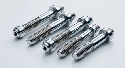 Poster - Shiny Metal Bolts Arranged on a White Surface, Illustrating Precision Engineering and Industrial Manufacturing Processes