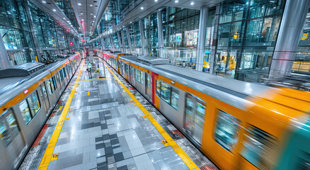 Fototapete - Blurred Train Speeding Through Modern Station, Illustrating Urban Commute and Transportation Efficiency, Showcasing Infrastructure Development and Technological Advancement