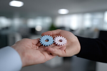 Fototapete - Two Hands Exchanging Blue and Pink Gears, Symbolizing Collaboration and Mechanical Engineering Solutions for Business Growth and Innovation in the Workplace