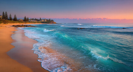 Poster - Coastal Beach at Sunrise With Turquoise Waves, Showcasing Serenity and Vacation Travel Destinations, Ideal for Tourism Marketing Campaigns and Summer Getaways