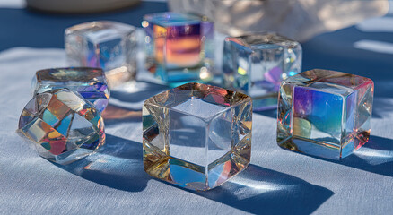 Fototapete - Iridescent Glass Cubes on Blue Fabric, Symbolizing Transparency and Modern Innovation for Product Visualization and Creative Mockups