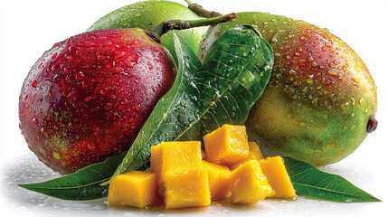 Poster - Fresh Mangoes With Water Droplets and Sliced Cubes, Representing Tropical Refreshment and Healthy Eating