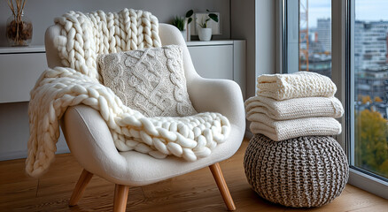 Aufkleber - Cozy Armchair with Chunky Knit Blanket and Pillow Near Window, Suggesting Relaxation and Home Comforts for Interior Design