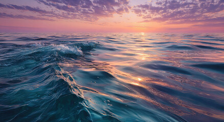 Aufkleber - Ocean Waves at Sunset With Pink Sky, Symbolizing Tranquility and Environmental Awareness for Coastal Tourism
