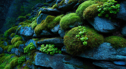 Poster - Mossy Stone Wall With Green Plants, Evoking Natural Beauty and Environmental Awareness for Sustainable Living and Landscaping Projects