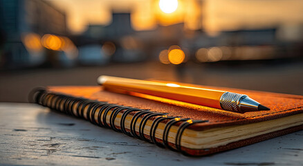 Aufkleber - Notebook and Pencil on a Table at Sunset, Symbolizing Creativity and Academic Excellence, Perfect for Education and Personal Development Marketing