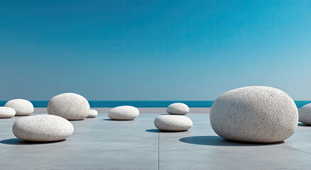 Fototapete - Smooth White Stones on a Terrace Overlooking the Sea, Representing Serenity and Wellness Retreats, Perfect for Meditation and Mindfulness Practices