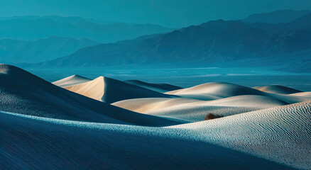Poster - Desert Sand Dunes Under a Blue Sky at Dusk, Representing Serenity and Environmental Awareness for Travel and Ecotourism Campaigns