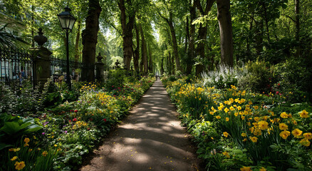 Aufkleber - Pathway Through Lush Garden With Yellow Flowers and Tall Trees, Representing Peaceful Escape and Outdoor Recreation for a Summer Vacation